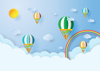 Plants in balloons with environment conservation concept.Paper art style of nature landscape of clouds and blue sky.Vector illustration.