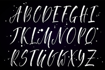 Brush handwritten vector alphabet with blobs on black background. Modern calligraphy, uppercase letters. Vector illustration.