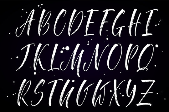 Brush handwritten vector alphabet with blobs on black background. Modern calligraphy, uppercase letters. Vector illustration.