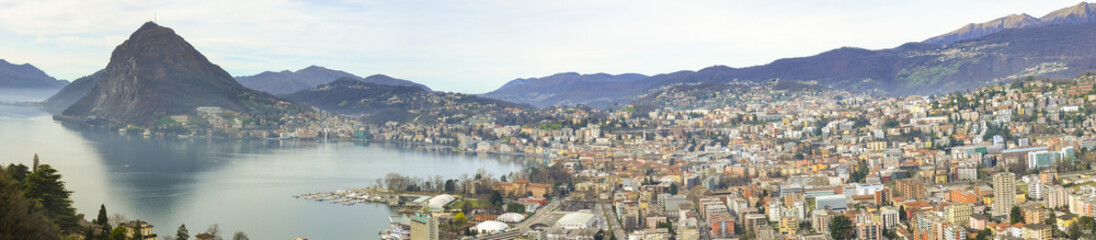 Fototapeta na wymiar Lugano morning. Panorama view lake and city. Ticino- Switzerland