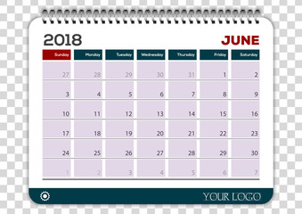 June 2018. Calendar planner design template. Week starts on Sunday. 