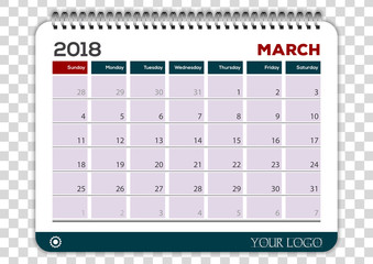 March 2018. Calendar planner design template. Week starts on Sunday. 