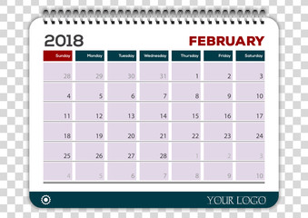 February 2018. Calendar planner design template. Week starts on Sunday. 