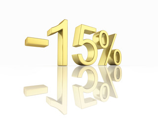 Gold text 15 percent off on white background with reflection 3D render