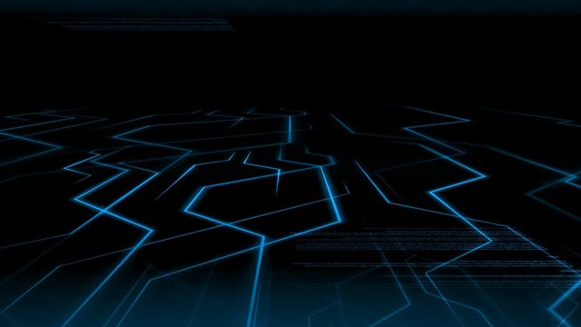 Seamless abstract blue light animation background pattern of electronic circuit current with computer source code moving in background. Internet and telecommunication technology concept.