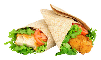 Southern fried chicken tortilla wraps isolated on a white background