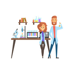 Flat vector of man scientist and girl assistant in laboratory. Microscope, test tubes, spirit lamp and laptop on working desk, books and glassware with liquids on shelves.