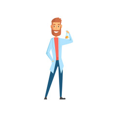 Flat vector of young scientist holding flask with liquid in hand. Cartoon bearded man character in white medical coat