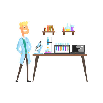 Cheerful young scientist in laboratory. Microscope, test tubes, spirit lamp and laptop on table. Books and glassware with liquids on shelves. Flat man character