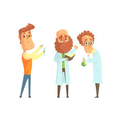 Group of men scientists in laboratory. Funny chemist, physicist and biologist characters in flat style