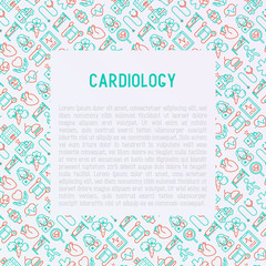 Cardiology concept with thin line icons set: cardiologist, stethoscope, hospital, pulsometer, cardiogram, heartbeat. Modern vector illustration for banner, web page, print media.