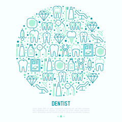 Dentist concept in circle with thin line icons of tooth, implant, dental floss, crown, toothpaste, medical equipment. Modern vector illustration for banner, web page, print media.