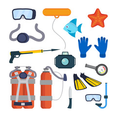 Diving Equipment Set Vector. Scuba Diver Accessories. Mask, Tube, Buoy, Starfish, Fish, Underwater Gun, Camera, Oxygen Tank, Knife, Flippers, Pressure Depth Sensor. Isolated Flat Cartoon Illustration