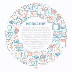 Photography concept in circle with thin line icons of photographer, film, crop, flash, focus, light, panorama. Vector illustration for banner, web page, print media.