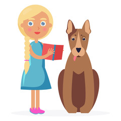 Obraz premium Small Girl Stands with Bull Terrier and Holds Book