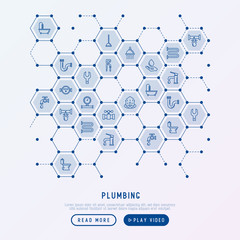 Plumbing concept in honeycombs with thin line icons of bathtub, shower, pipe, wrench, drop, leakage, meter, plunger. Modern vector illustration for banner, web page, print media.