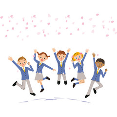 Fototapeta premium 桜の下で飛び跳ねる学生