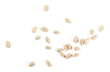 Peeled sunflower seeds isolated on white background, top view