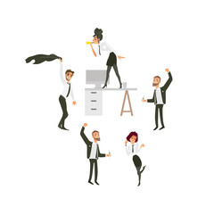 vector flat office workers at corporate party set. Men and girls in formal clothing with necktie having fun dancing at floor, at table blowing into pipe, swinging their jackets. Isolated illustration