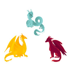 Fototapeta premium vector flat cartoon colored blue, yellow and red majestic mythical dragon with horns and wings set. Legendary mystery animal creature. Isolated illustration on a white background.
