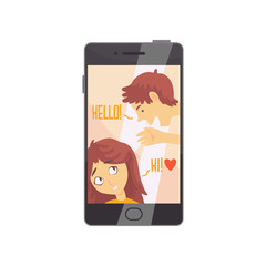 Smartphone with opened love chat and cute boy and girl avatars. Online dating service flat vector illustration isolated on white.