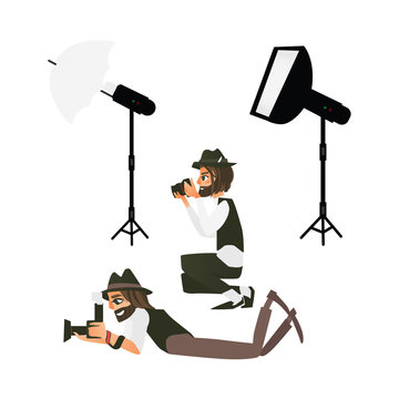 vector cartoon professional male photographers in different poses making photo and professional photo and light equipment set - cameras, flash studio light. Isolated illustration on a white background