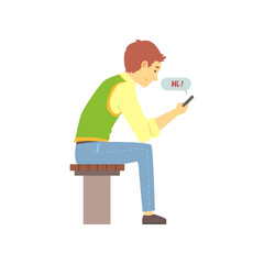 Young brown-haired boy sending Hi message on his phone. People finding love using love chat. Vector colorful illustration in flat style