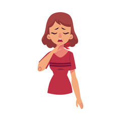 Woman having sore throat, symptom of flu, cartoon vector illustration isolated on white background. Half length portrait of unhappy girl, woman having sore throat, suffering from pain