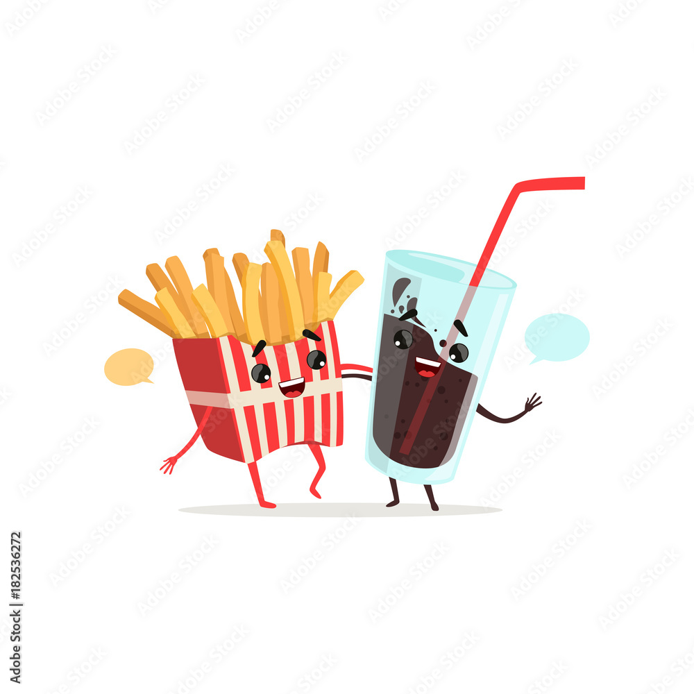 Sticker French fries and cola glass with blank speech bubbles. Funny fast food and drink concept. Friends conversation. Isolated flat vector