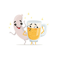 Grilled sausage and mug of beer with happy faces. Cartoon funny characters. Food and drink in flat style