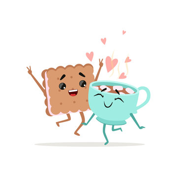 Happy sandwich cookie and cup of coffee with marshmallow. Sweet couple in love. Comic food characters in flat style. Isolated vector illustration