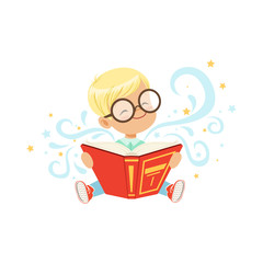 Cheerful little boy sitting on the floor with magic story book. Cartoon kid character in glasses. Children imagination. Flat vector illustration
