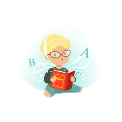 Adorable little boy sitting on floor surrounded by stars and reading educational magic book. Cartoon kid character in glasses. Isolated flat vector illustration