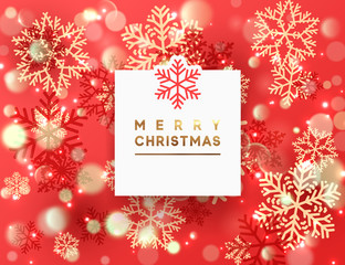 Christmas background with shining gold and red snowflakes. Square white frame with text Merry Christmas. Holiday card, vector Illustration.