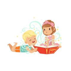 Boy with little girl reading magic book with fantasy stories. Brother and sister characters. Children imagination concept. Isolated flat vector