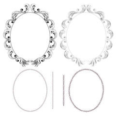 Watercolor rococo frames of grey colors on white background . Hand-painted set for cards