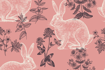 Seamless pattern with animals and flowers. © marinavorona