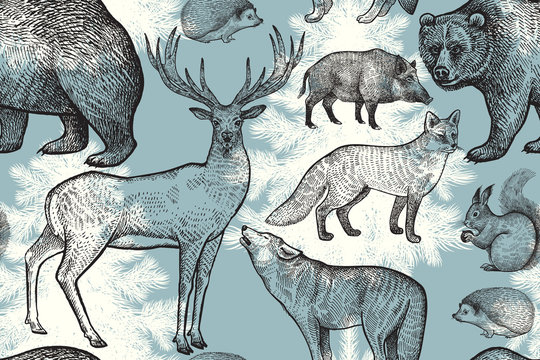 Seamless pattern with animals and trees.