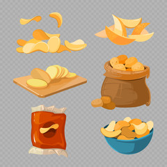Salty fried potato chips snacks isolated on transparent background