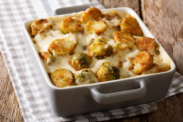 Organic food: baked Brussels sprouts with garlic, cheese and cream sauce close-up. horizontal