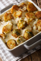 Baked brussels sprouts with garlic and cream sauce close-up. vertical
