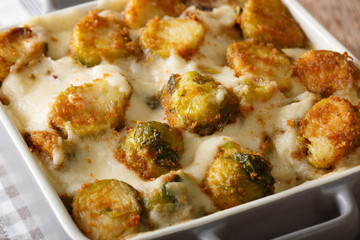 casserole from Brussels sprouts with garlic, cream sauce close-up. horizontal