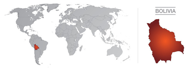 Bolivia in the world, with borders and all the countries of the world separated 