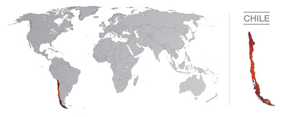 Chile in the world, with borders and all the countries of the world separated 