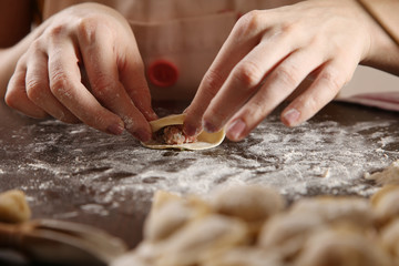 Process of making ravioli, pelmeni or dumplings with meat on wooden table