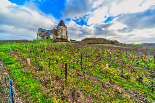 Vineyards And Chavot Courcourt Church In Champagne Area, Epernay