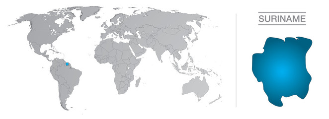 Suriname dans le monde, avec frontières et tous les pays du monde séparés 