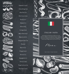 Vector menu template with traditional Italian pasta. Hand drawn food sketch.  Vintage card or invitation design for cafe or restaurant design. Outlines on chalkboard