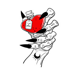 Woman hand holding magic potion. Vector illustration isolated. Tattoo design, mystic magic symbol for your print. Indian motifs and boho style.