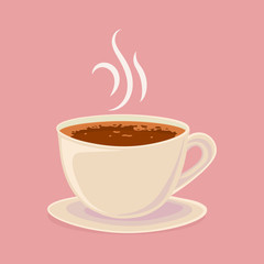 Vector mug with coffee. Hot coffee. The fragrance comes from the mug. Foam from coffee.
